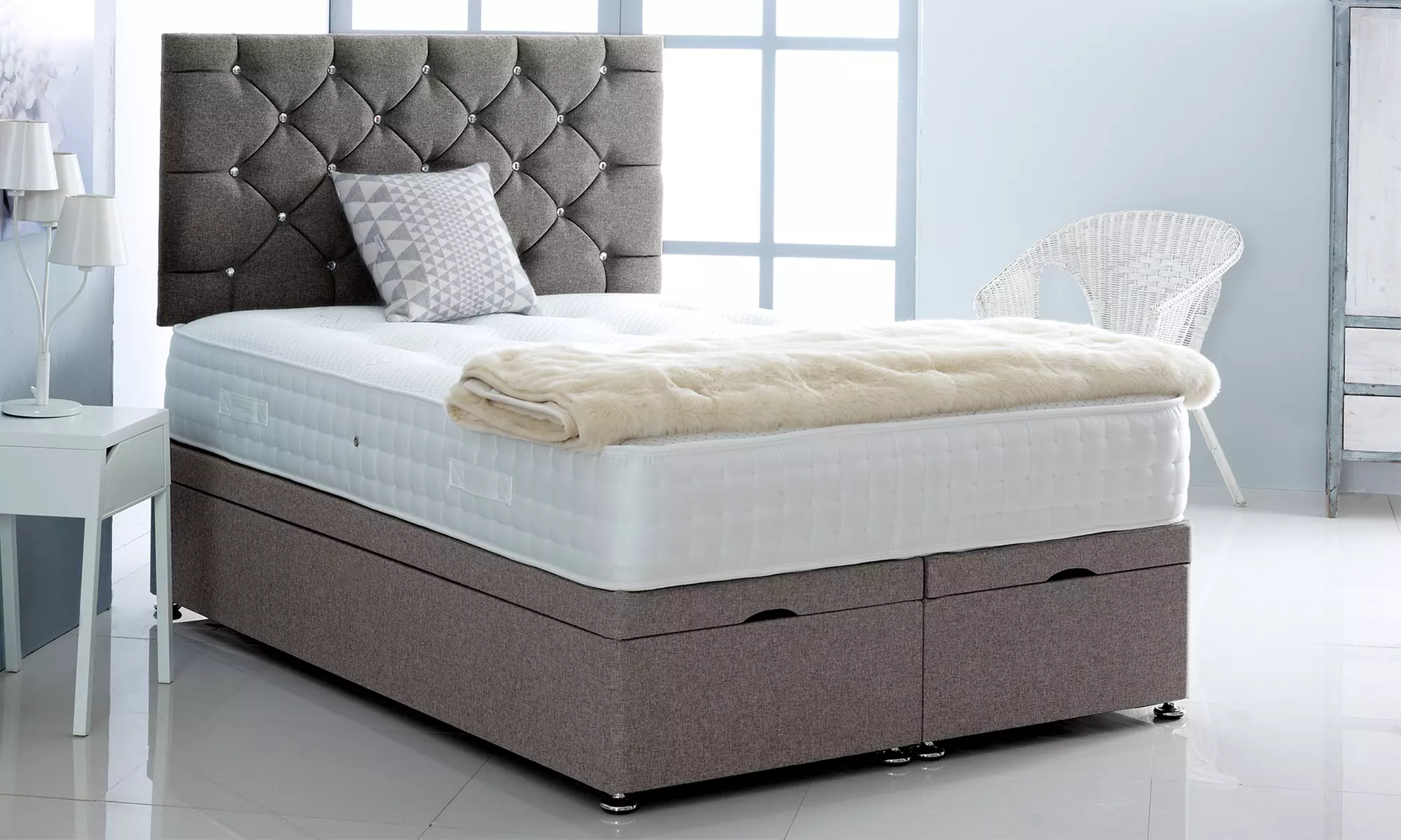 Linen Ottoman Divan Bed with Mattress and Chesterfield Headboard