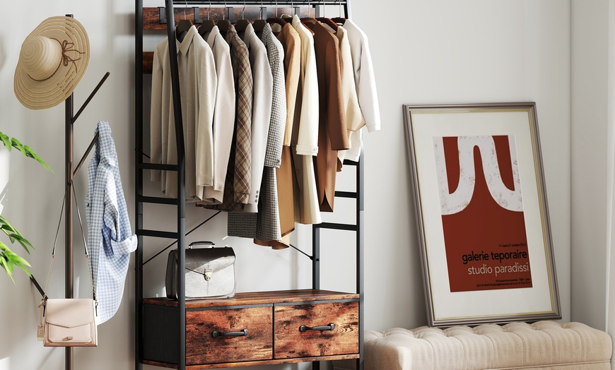 Image 9: HomCom Coat Rack with Shoe Storage Bench and Hooks