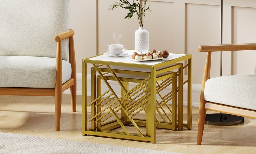 Image 8: HomCom Set of Three Stacking Coffee Tables in White and Gold Tone 