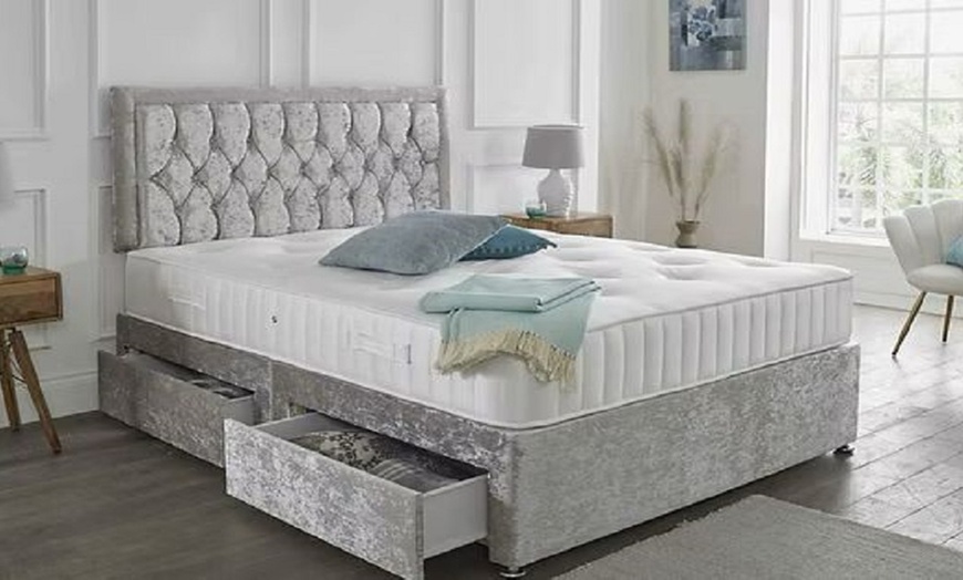 Image 1: Chesterfield Crushed Velvet Divan Bed with Memory Foam Mattress
