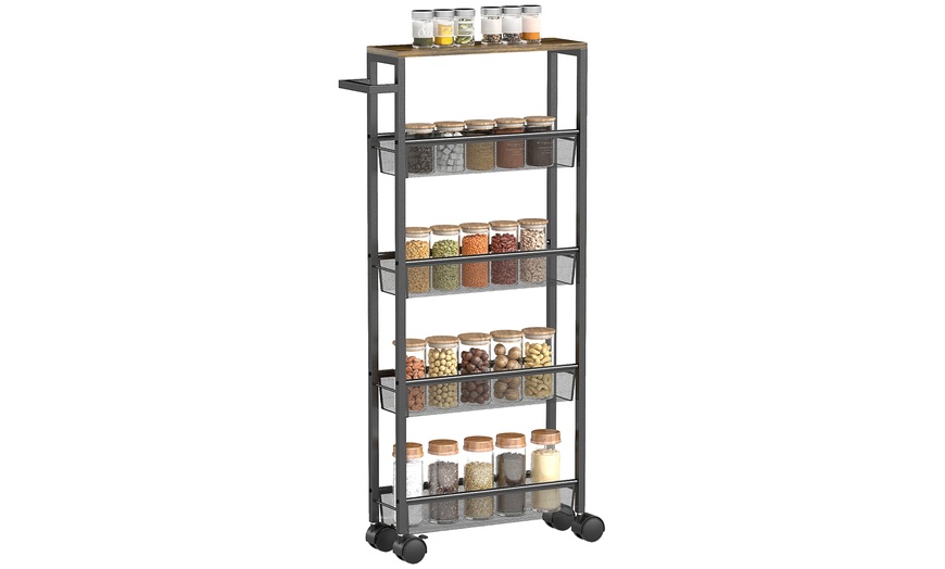 Image 2: HomCom Rolling Kitchen Trolley, Slim Storage Cart with Metal Frame