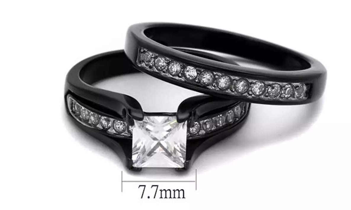 2.10ct Princess Cut Cubic Zirconia and Black Stainless Steel Wedding Ring Set