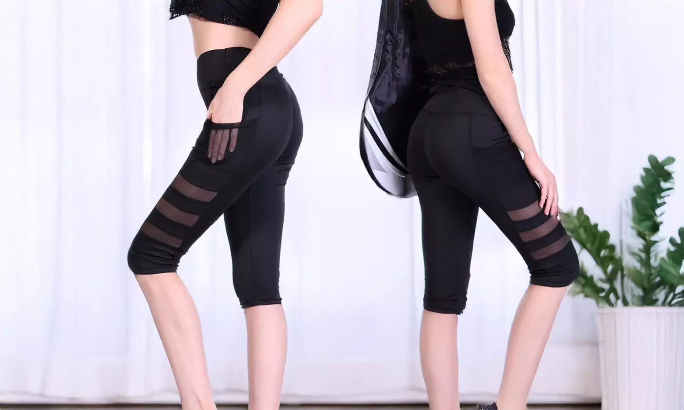 Women Side Pocket Mesh Splice Tummy Control High Waist Capri Leggings Yoga Pants