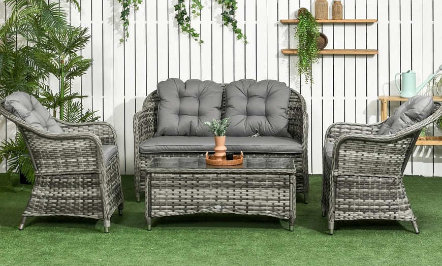 Image 5: Four-Piece Outsunny Rattan-Effect Wicker Sofa Set