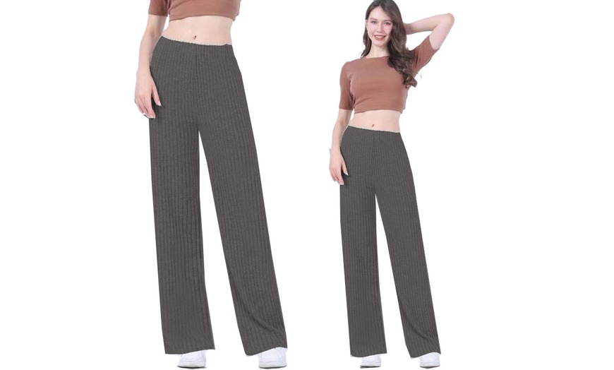 Image 13: Wide Leg Rib Knit Casual Bottoms