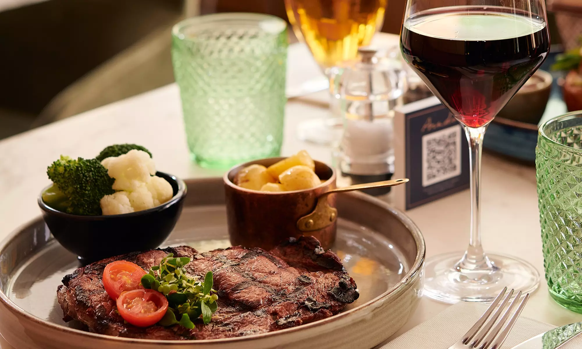 Ribeye Steak, Potatoes, Veg & Jus with a Glass of Wine for 2 or 4