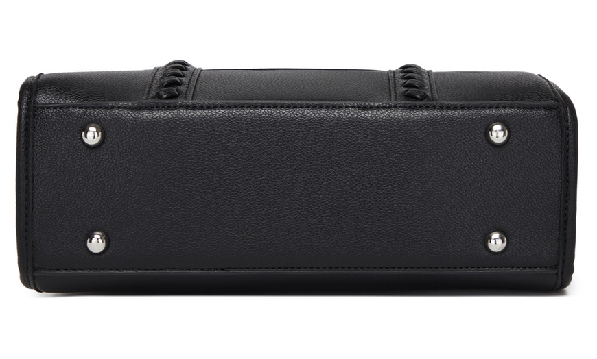 Image 10: Miss Lulu PU Leather Graceful Spacious Tote Bag with Woven Trim Strap