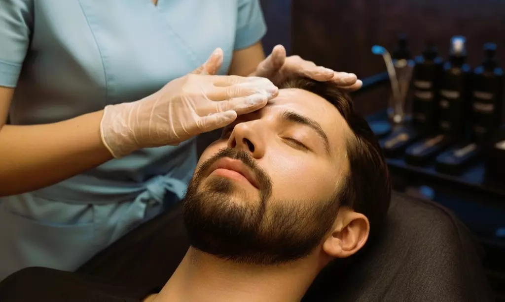 Limpieza facial masculina con extracción, mascarilla y alta frecuencia