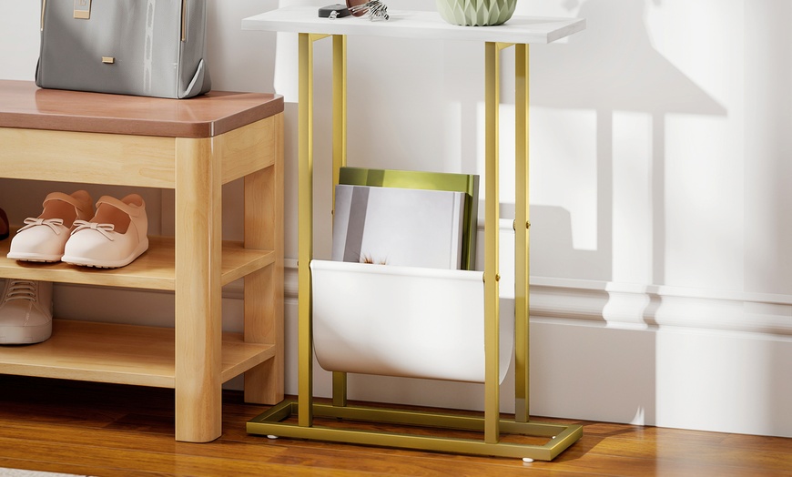 Image 8: HomCom Narrow Side Table, Chic White Marble-Effect Design