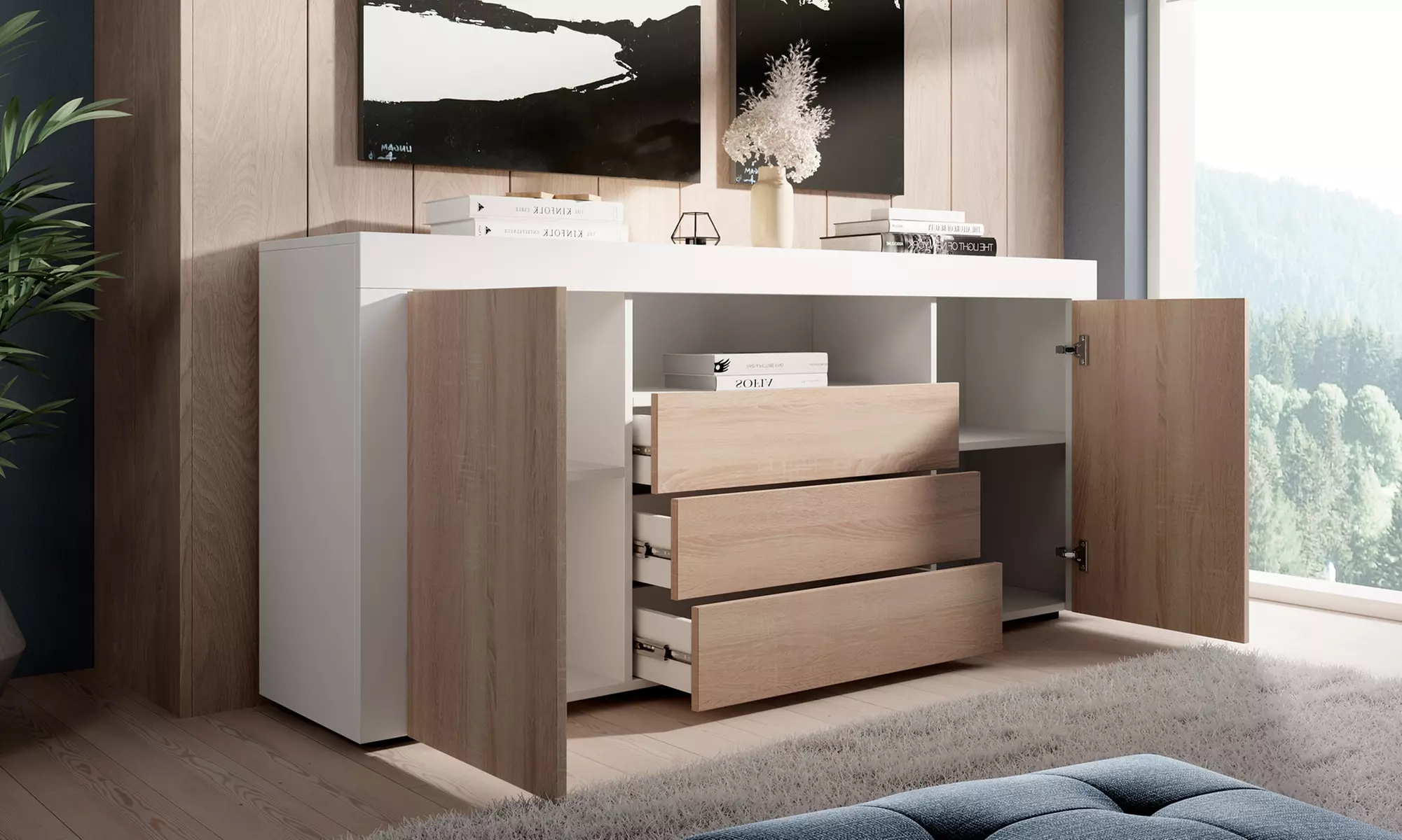 Aparador de diseño moderno con múltiples cajones y puertas