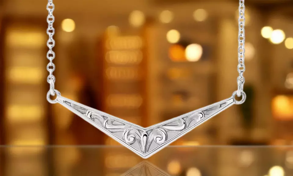 Paris Jewelry Sculptural V-Design White Gold Plated Necklace