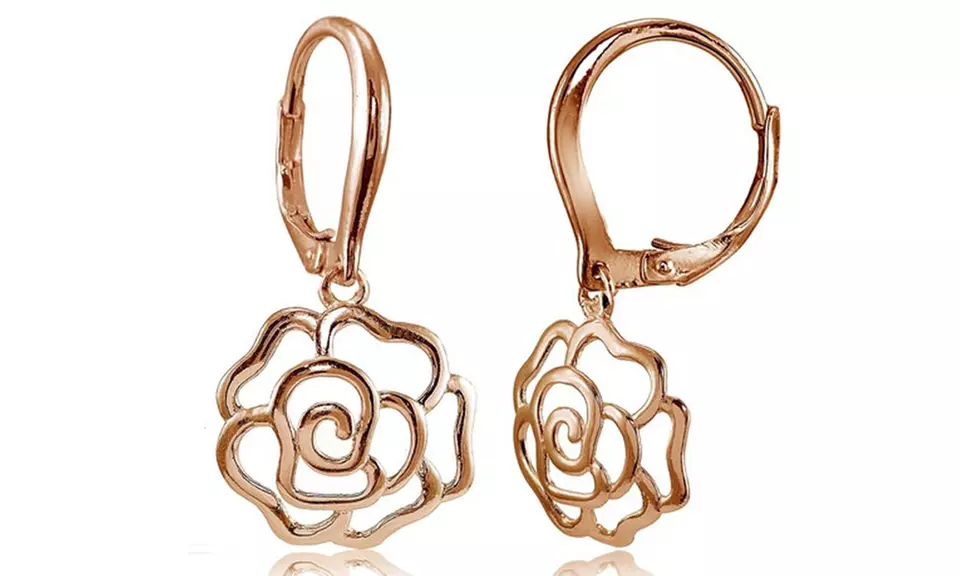 Rose Gold Flashed 925 Silver High Polished Open Rose Dangle Leverback Earrings