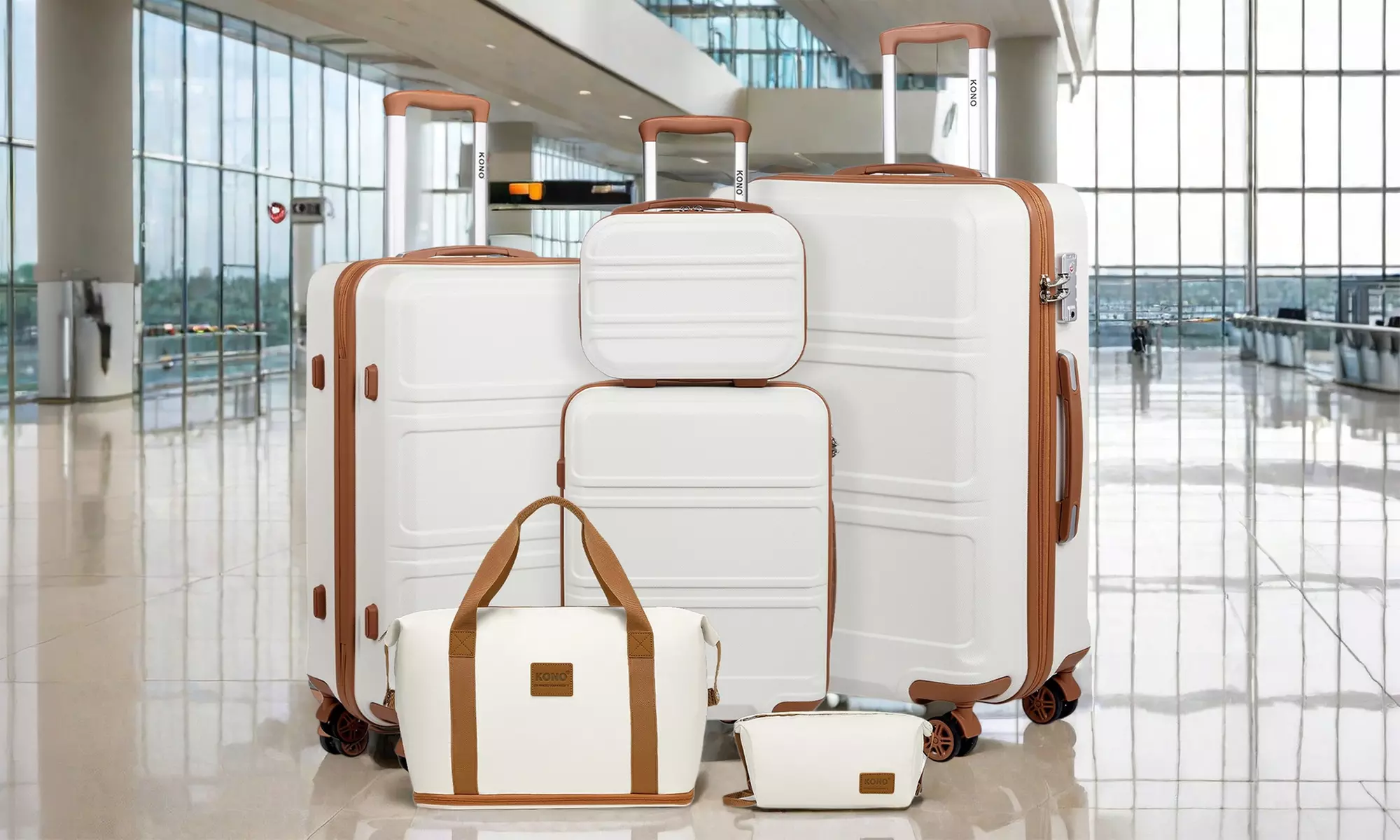 Kono Six-Piece Cream Hard Shell Suitcase and Bag Set