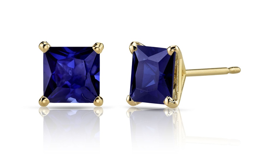 Image 1: 24k yellow gold plated 3 Cttw Princess Blue Sapphire Stud Earrings.