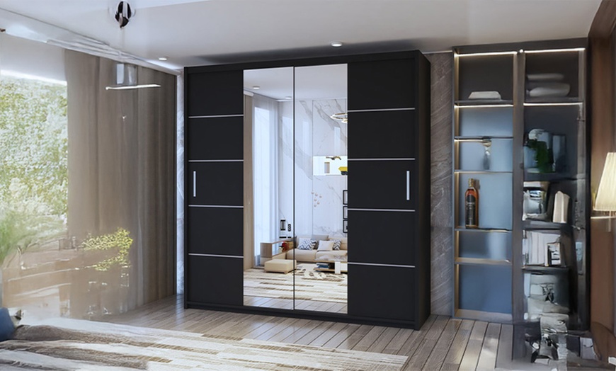 Image 1: Lima Modern Sliding Door Wardrobe with Mirror and Adjustable Shelves
