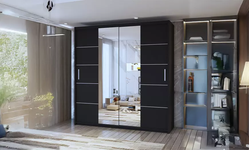 Image 1: Lima Modern Sliding Door Wardrobe with Mirror and Adjustable Shelves