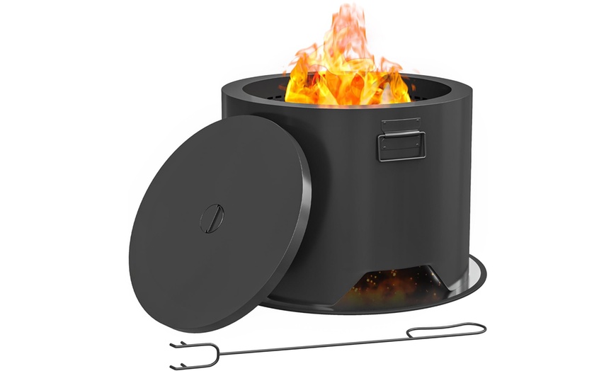 Image 3: Outsunny Outdoor Round Fire Pit with Lid and Poker