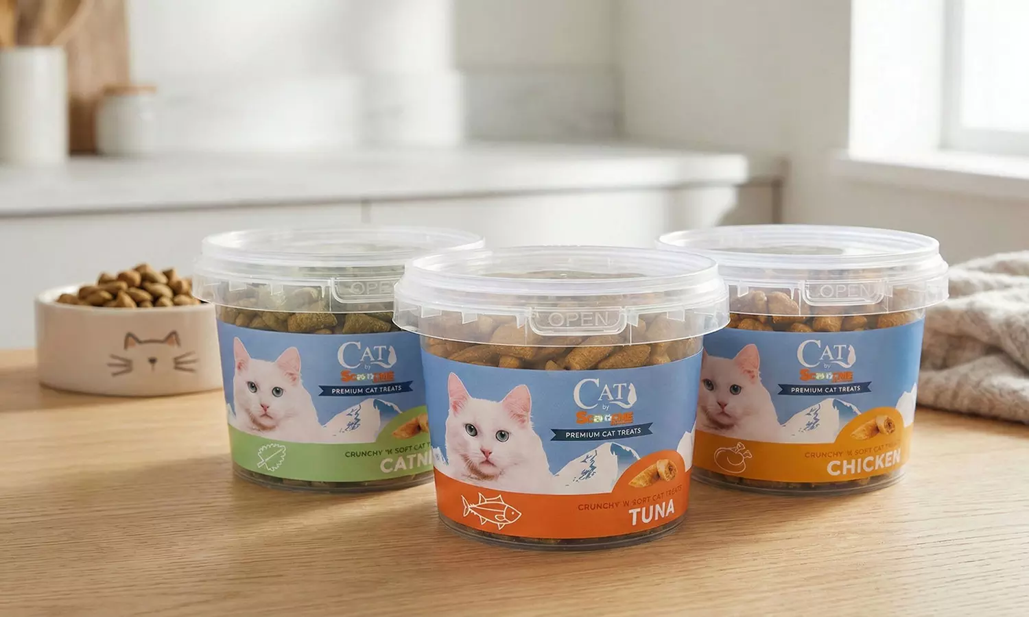 Cat by Scoochie Catnip, Chicken, or Tuna Filled Cat Treats 8.8 Ounce Tub