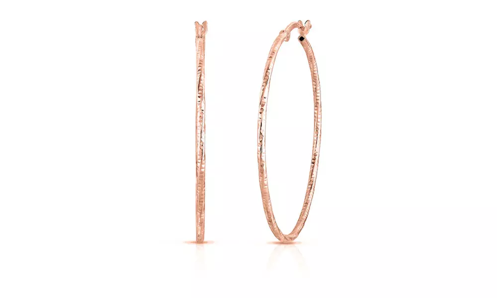 9.99 Sterling Silver 40mm Diamond Cut French Lock Hoop in Gold or Rose Gold
