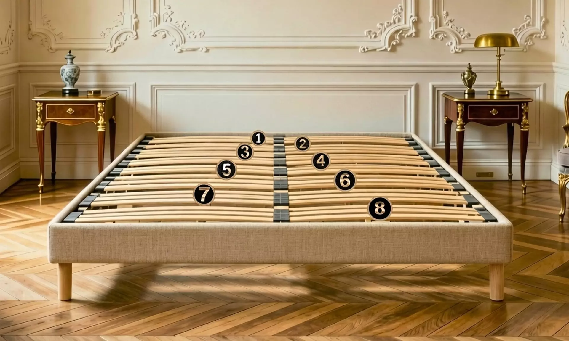 Gestoffeerde beige lattenbodem van duurzaam hout