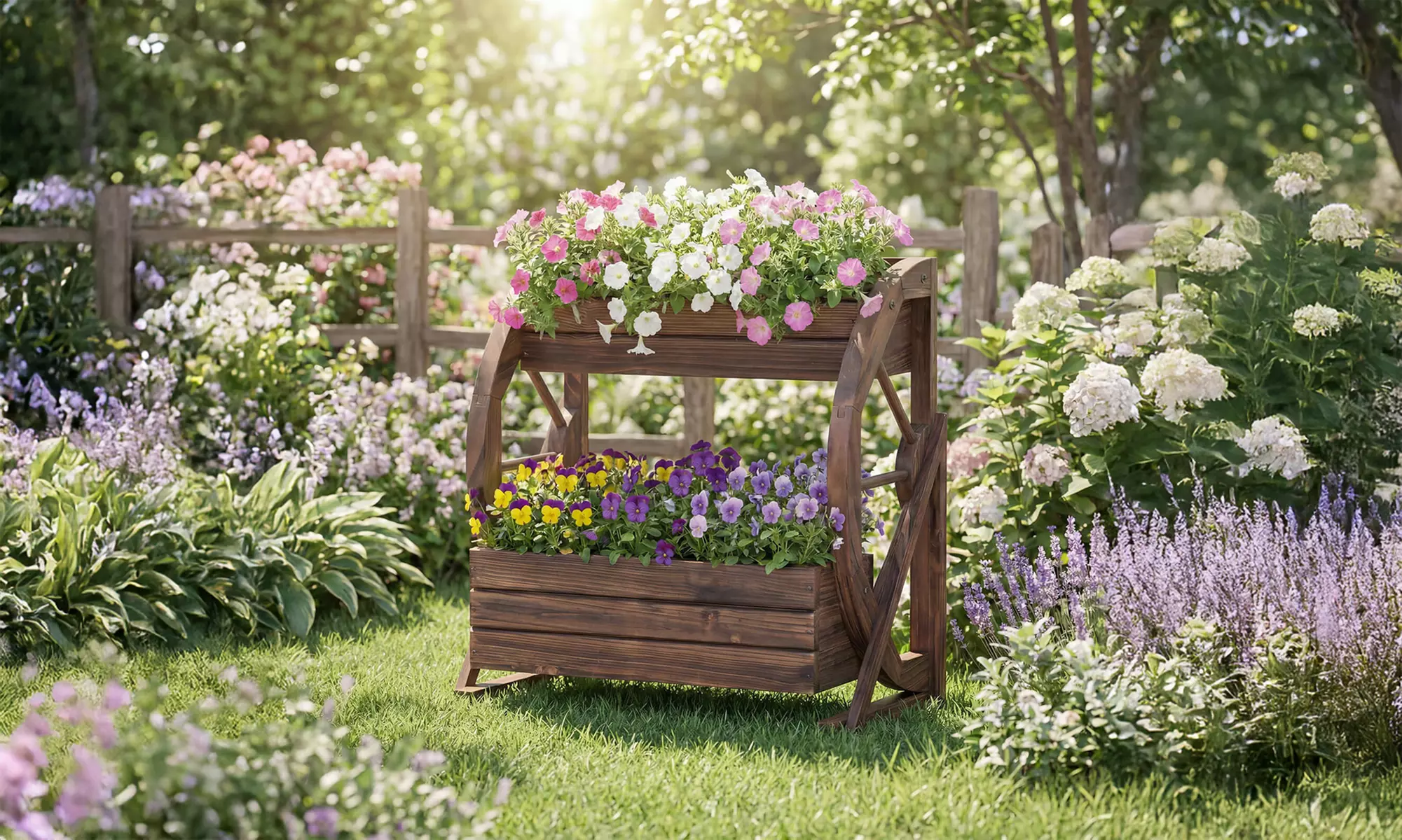 Costway 2-Tier Rustic Wooden Wagon Planter Box with Drainage Holes