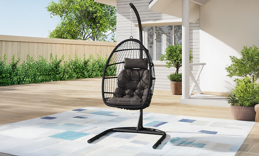 Image 19: Outdoor Cosy Rattan-Effect Hanging Egg Chair with Cushion