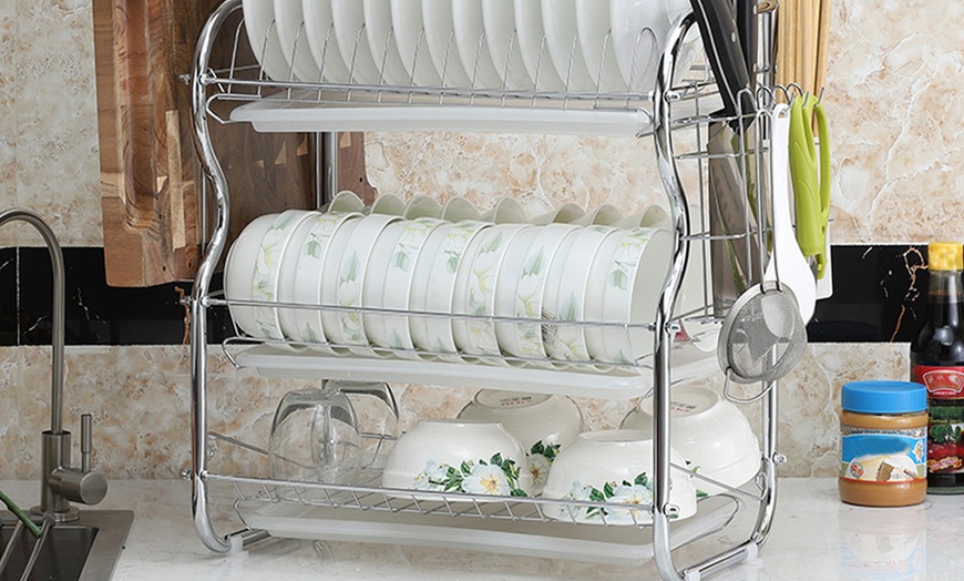 Image 9: Three-Tier Dish Drainer Rack Plate Draining Tray Board