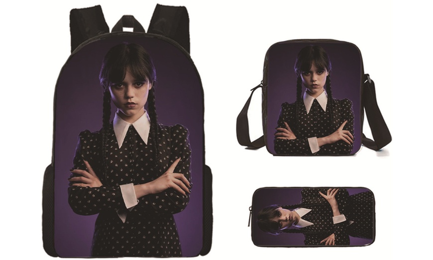 Image 3: 3-Piece Wednesday Adams-Inspired Backpack Set 