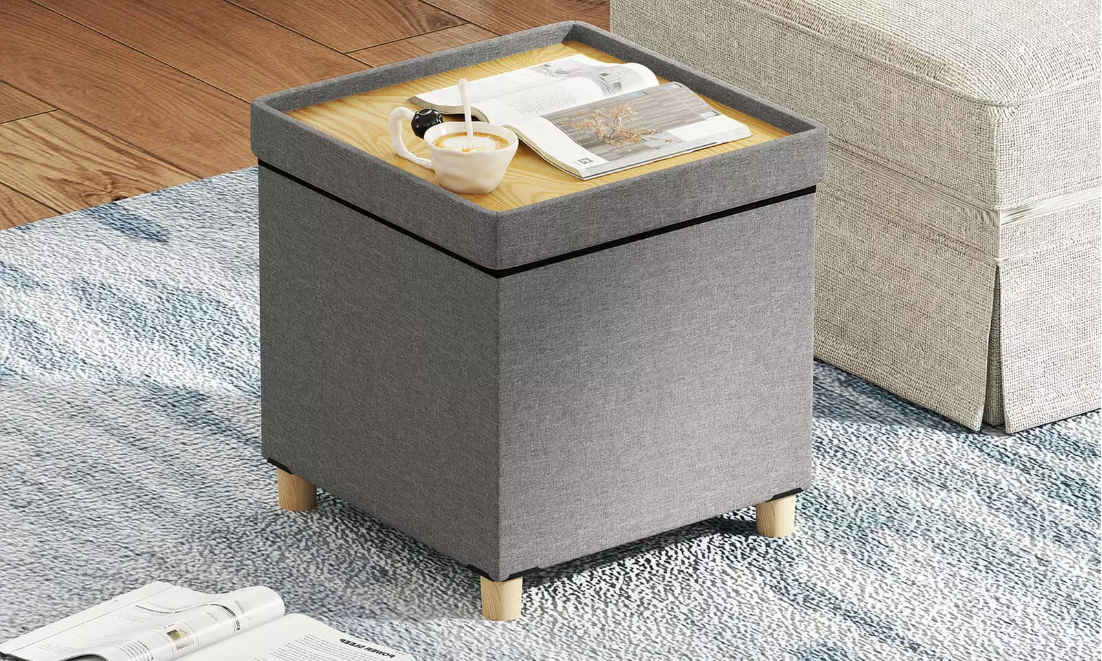 Costway 18 Inches Ottoman with Storage,Tray & Rubber Wood Legs for Small Space