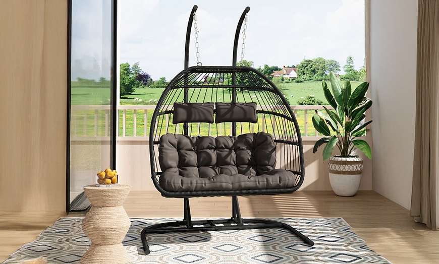 Image 41: Outdoor Cosy Rattan-Effect Hanging Egg Chair with Cushion