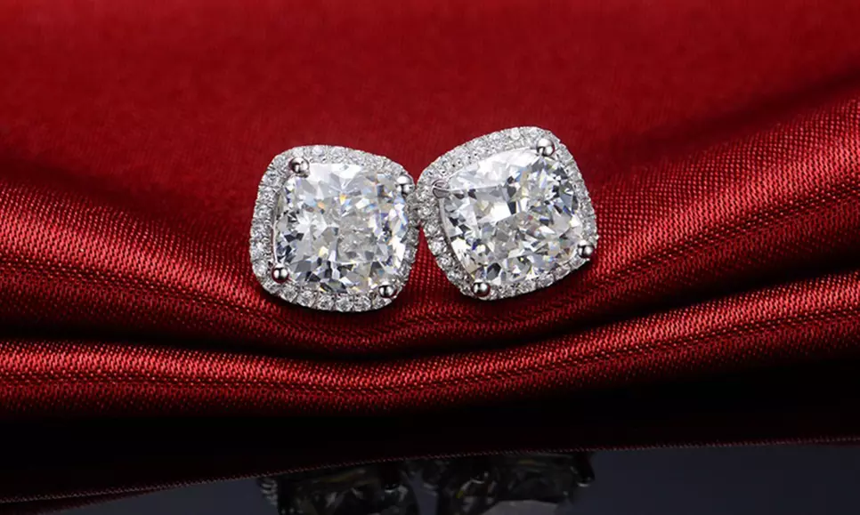 Sterling Silver Cubic Zirconia Cushion Cut Halo Studs