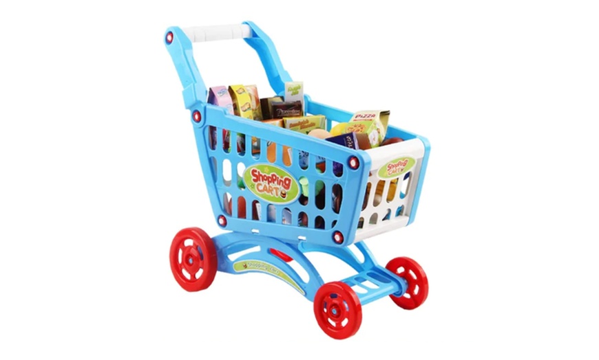 Image 3: Shopping Cart Trolley for Children Play Set Includes 78 Grocery Food 
