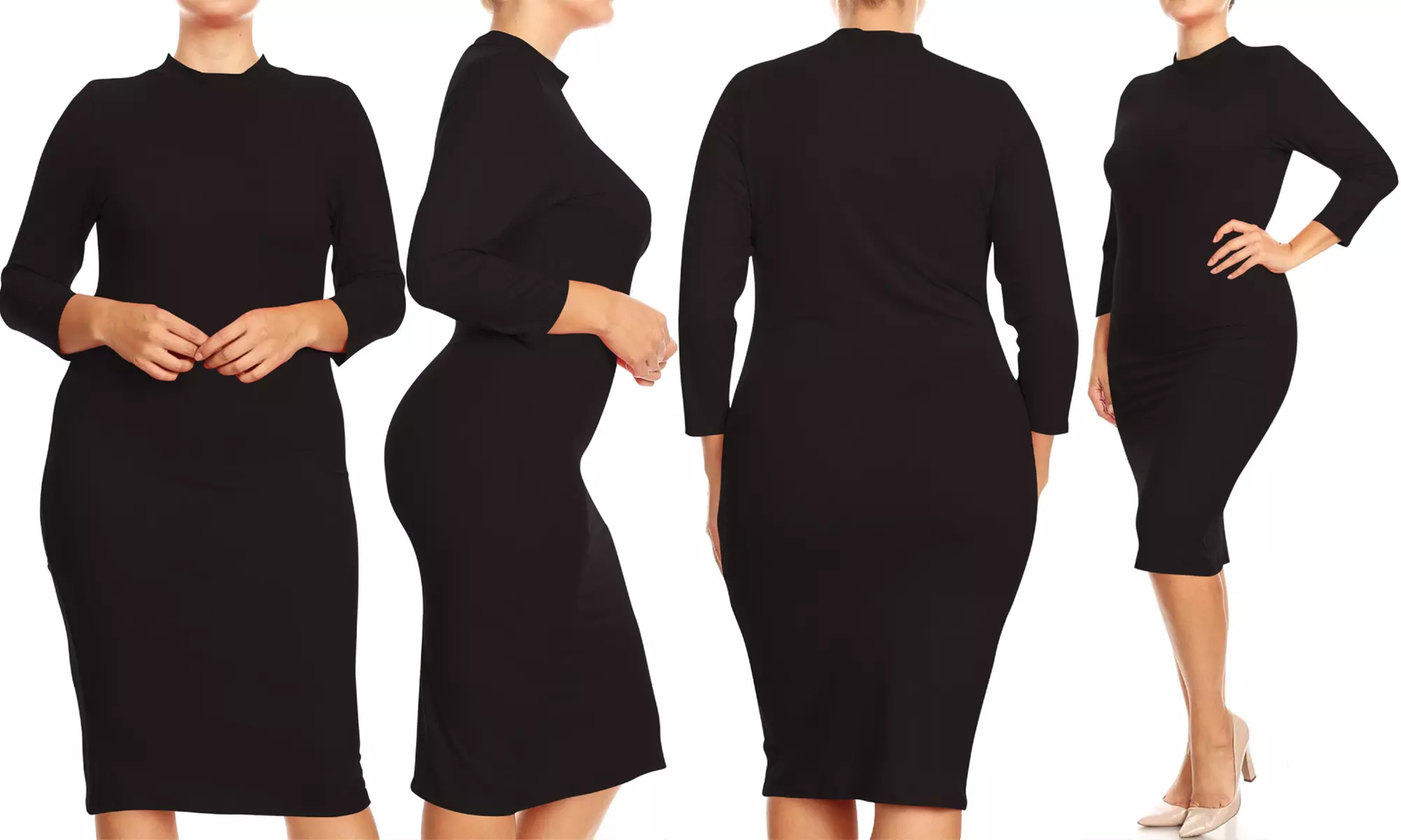 Women's Plus Size Mock Neck 3/4 Sleeves Casual Solid Bodycon Casual Mid Dress - Second Medium