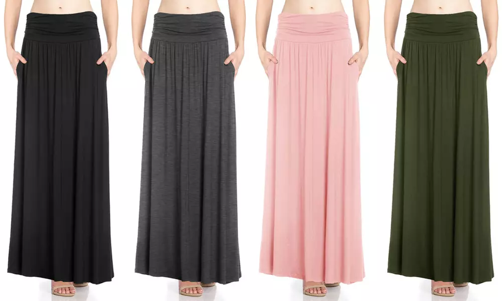 FACA Women's High-Waist Shirring Maxi Skirt with Side Pockets. Plus Sizes Available. - Primary Image