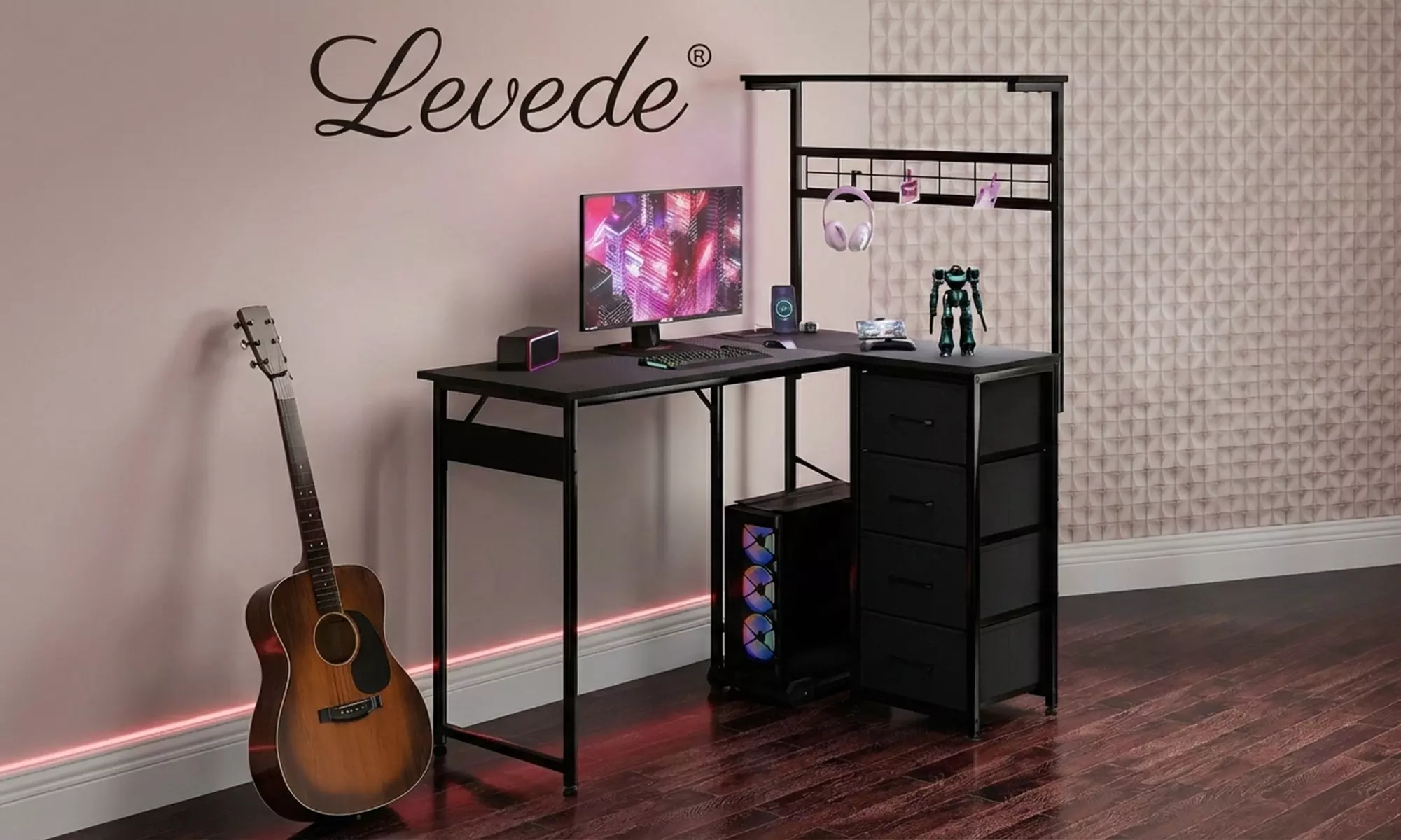 Levede L-Shaped Gaming Computer Desk with Integrated LED Lighting