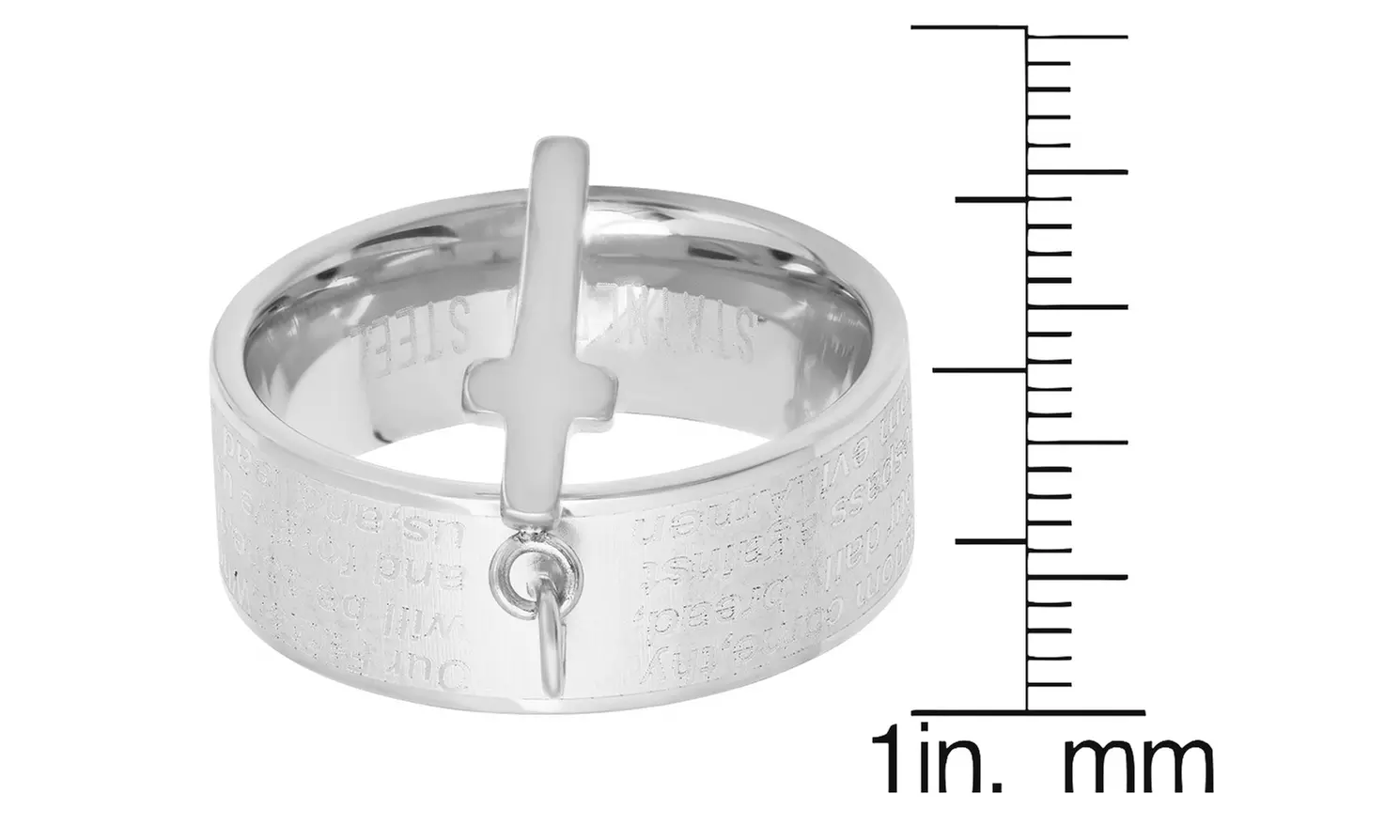 Ladies Stainless Steel Our Father English Prayer Band Ring With Cross Charm