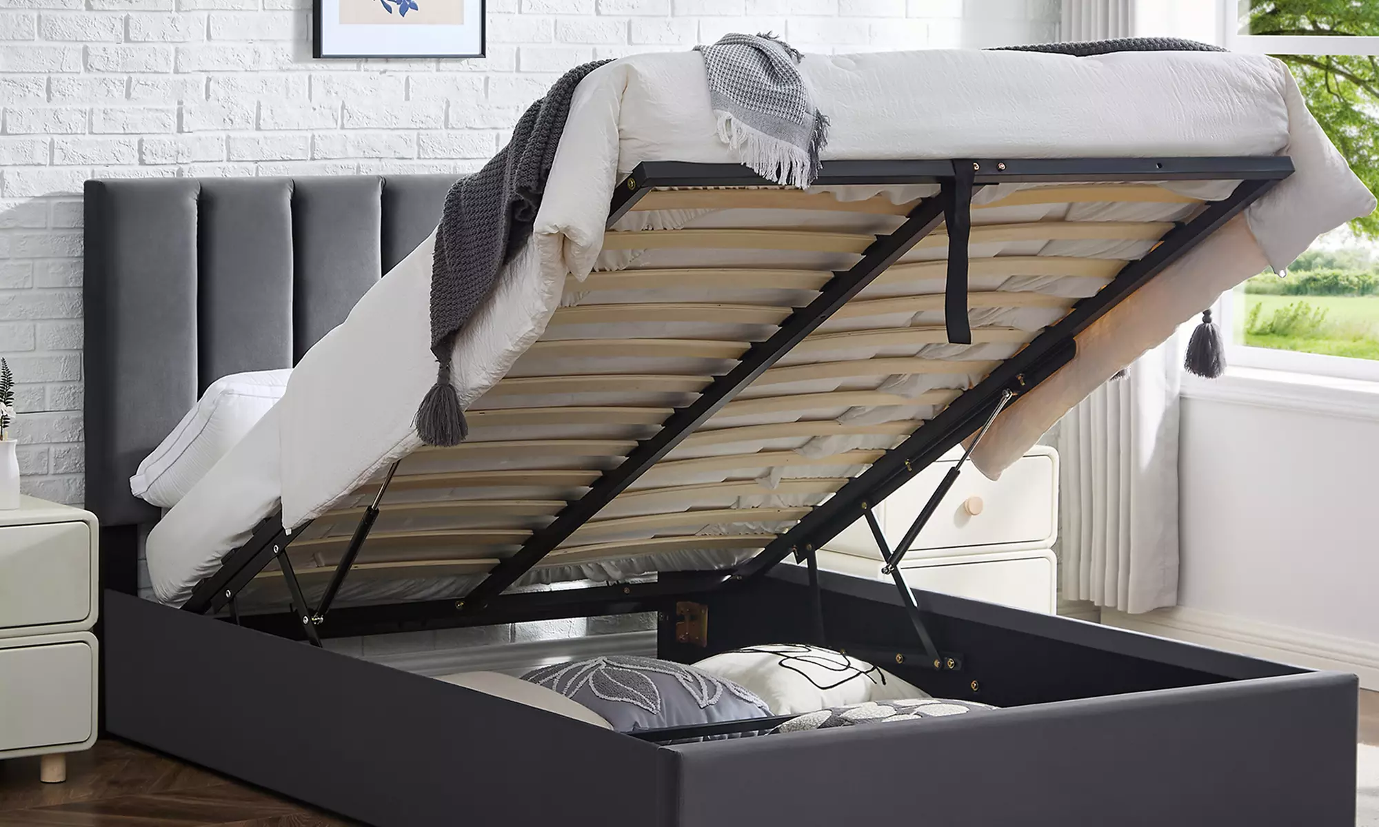 Ottoman Storage Bed Frame with Tufted Headboard