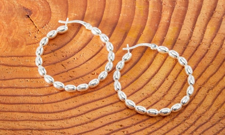 Italian Sterling Silver Rice Bead Hoop Earrings Available in 20 25 or 30MM 20mm Silver Sterling Silver