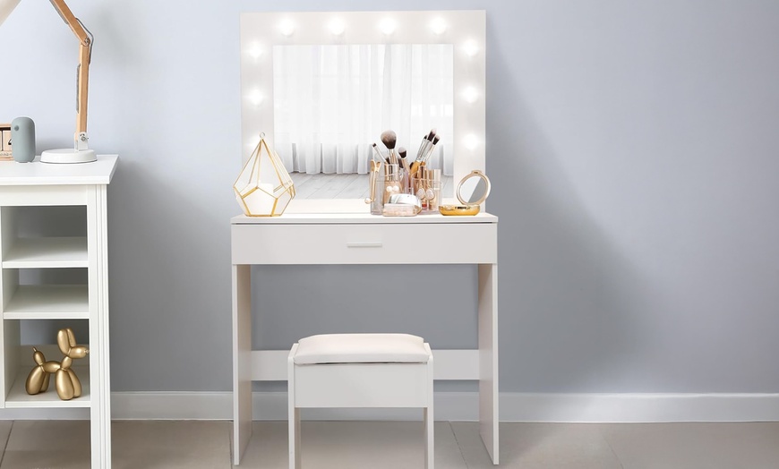 Image 1: White Dressing Table Makeup Desk With Stool and LED Lights