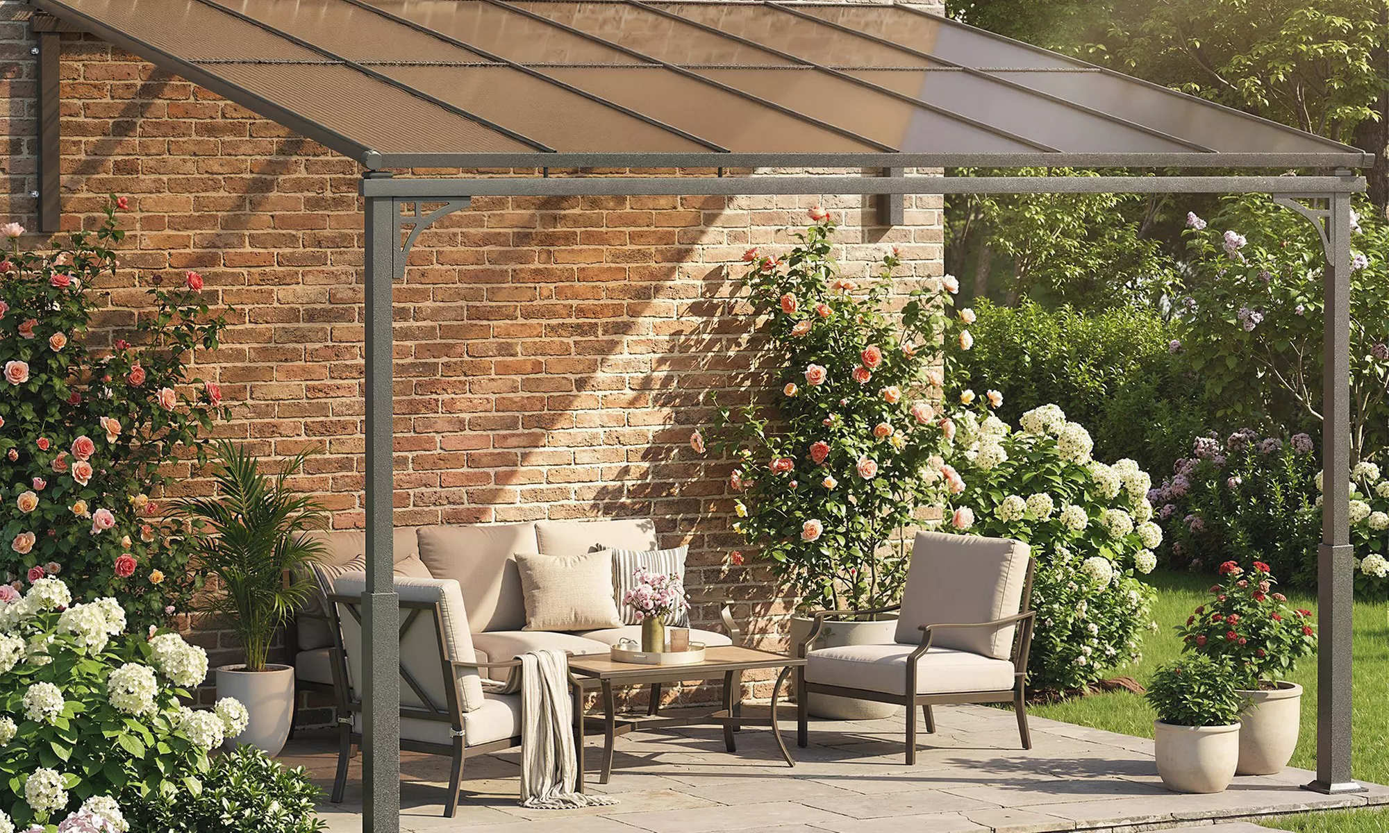 Outsunny Lean-To Pergola with Polycarbonate Roof and Galvanised Frame