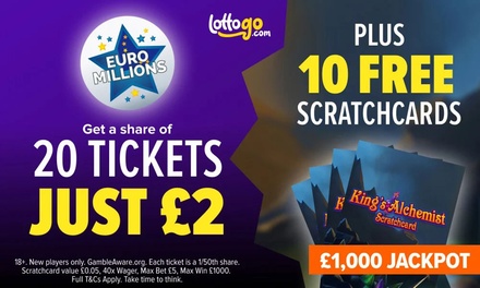 Get a share of 20 EuroMillions Tickets for £2* + 10 Free Scratchcards - LottoGo