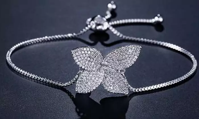 Pave Crystal Floral Bracelet With Adjustable Slider Clasp Adjustable up to 9"