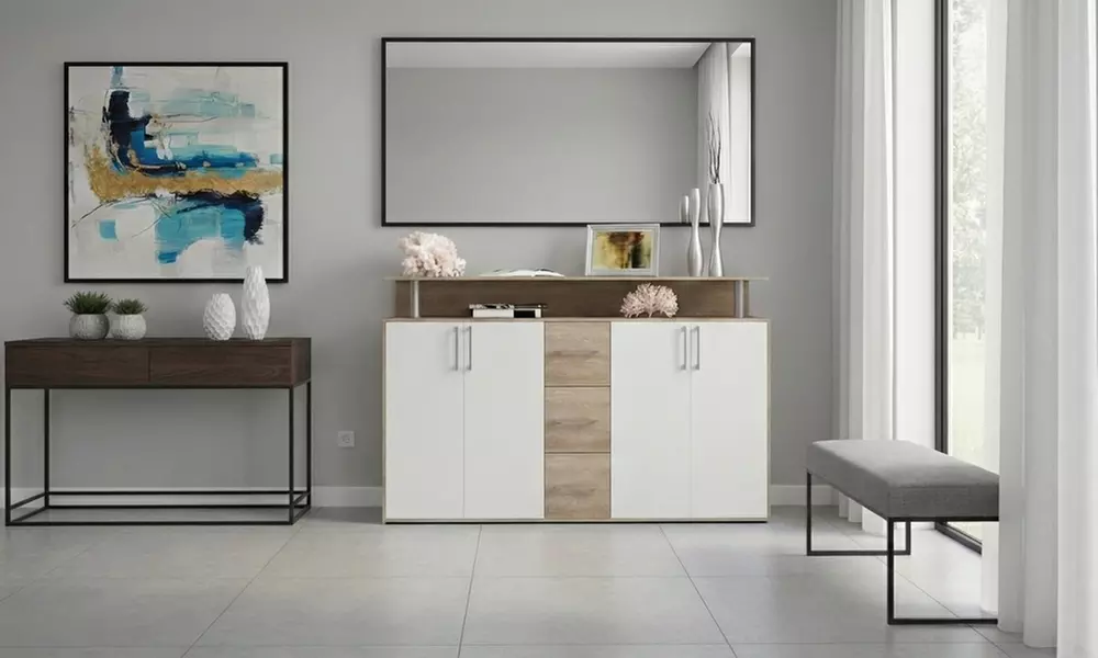 Credenza moderna bianca con ante, cassetti e ripiani