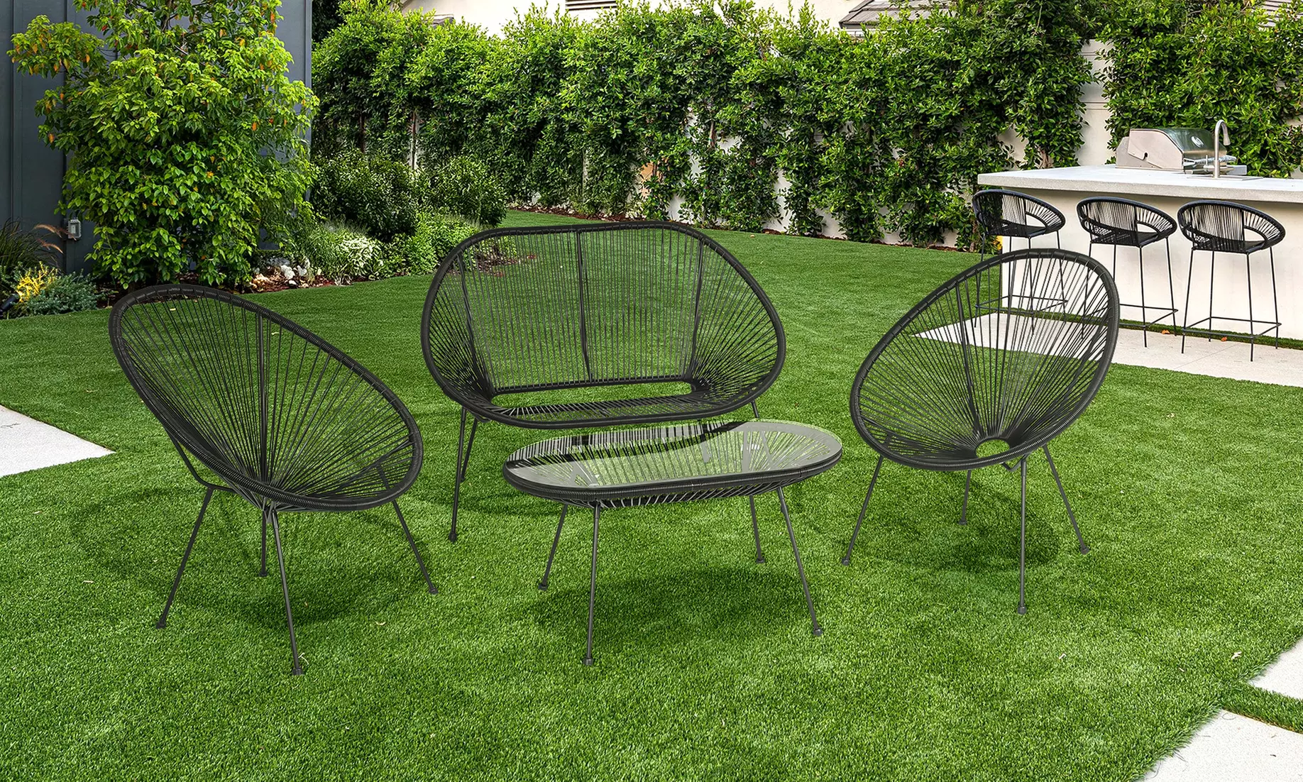 Salotto da giardino in corda intrecciata