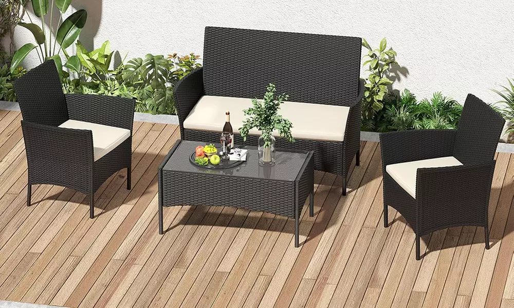 Salottino da Esterno Modulare in Polyrattan Nero per 4 Persone