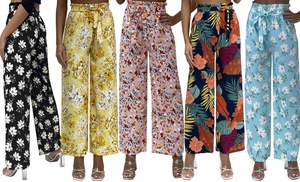 Wide-Leg Tie-Waist Multicoloured Floral Palazzo Pants