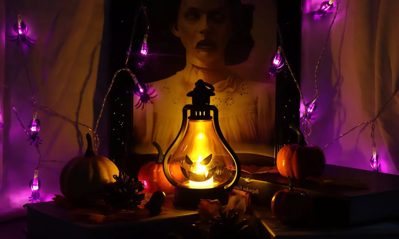 Halloween Lamp Flame LED Lantern Hanging Decor Pumpkin Witch Light Party - Primary Image