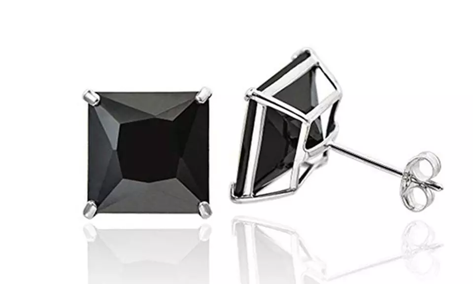 10K White Gold Plated 9mm Princess Black Cubic Zirconia Stud Earrings