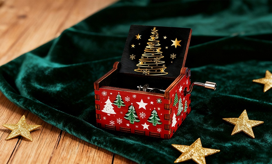 Image 1: Hand Crank Christmas Wooden Music Box Christmas Toy
