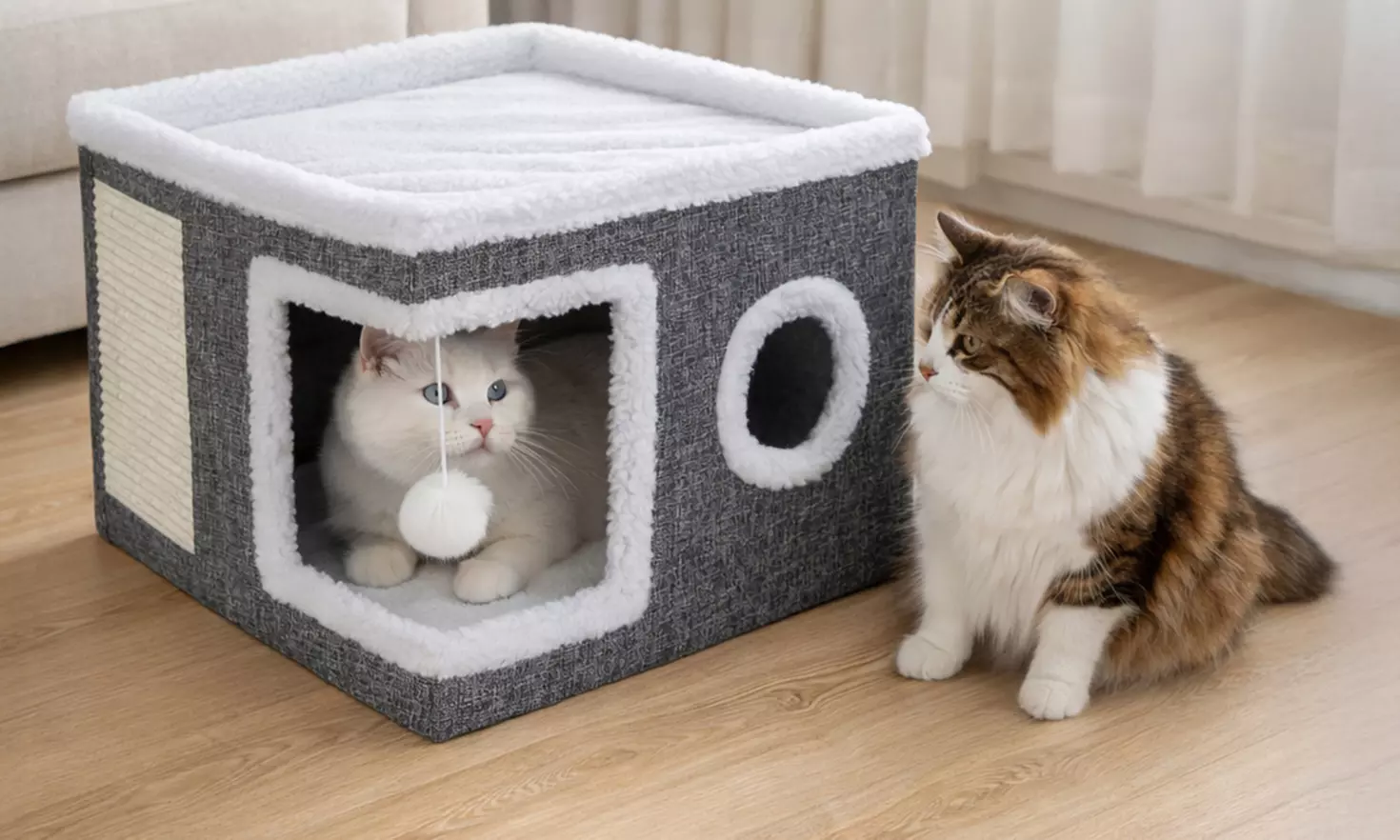 Skylos Indoor Cat House Cave with Scratch Pad and Hanging Toy